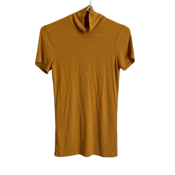 Aritzia Wilfred Mustard Yellow Mock Neck Ribbed Short Sleeve Shirt Retro Medium - Picture 1 of 7